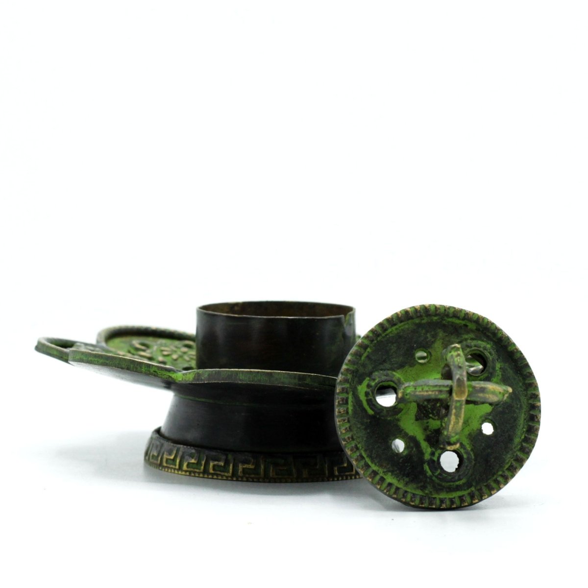 Brass Verdigris Tibetan Cone & Incense Holder - Eight SymbolsAntique Tibetan Incense HoldersHeart Notes