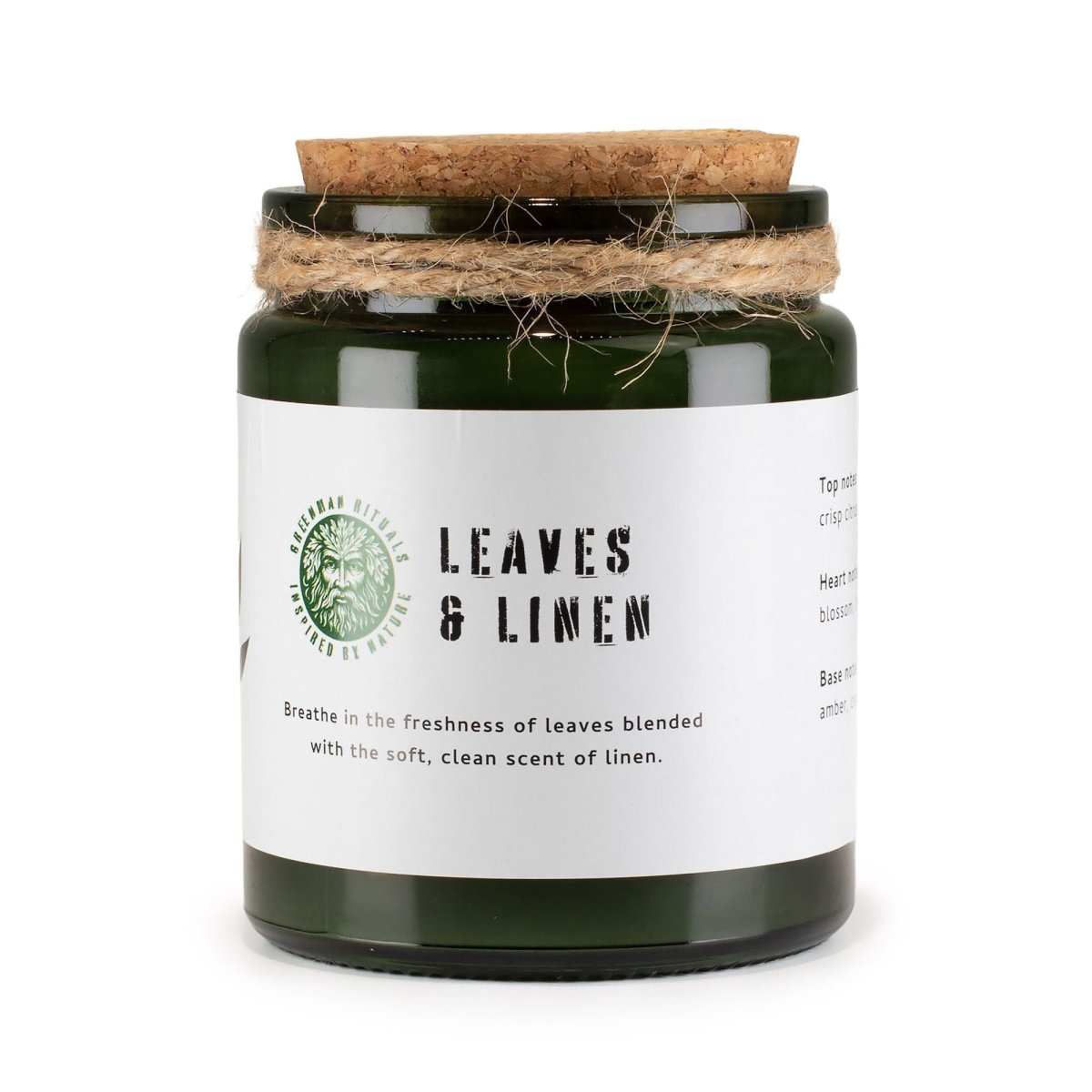 Greenman Woodwick Soy Candle - Leaves & LinenGreenman Rituals Woodwick Soy CandlesHeart Notes