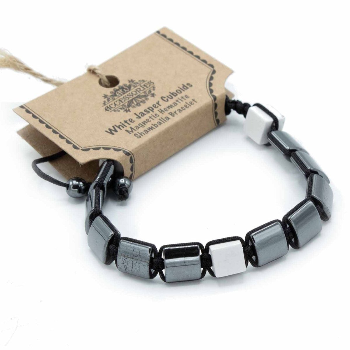 Magnetic Hematite Shamballa Bracelet - White Jasper CuboidsHematite Shamballa BraceletHeart Notes