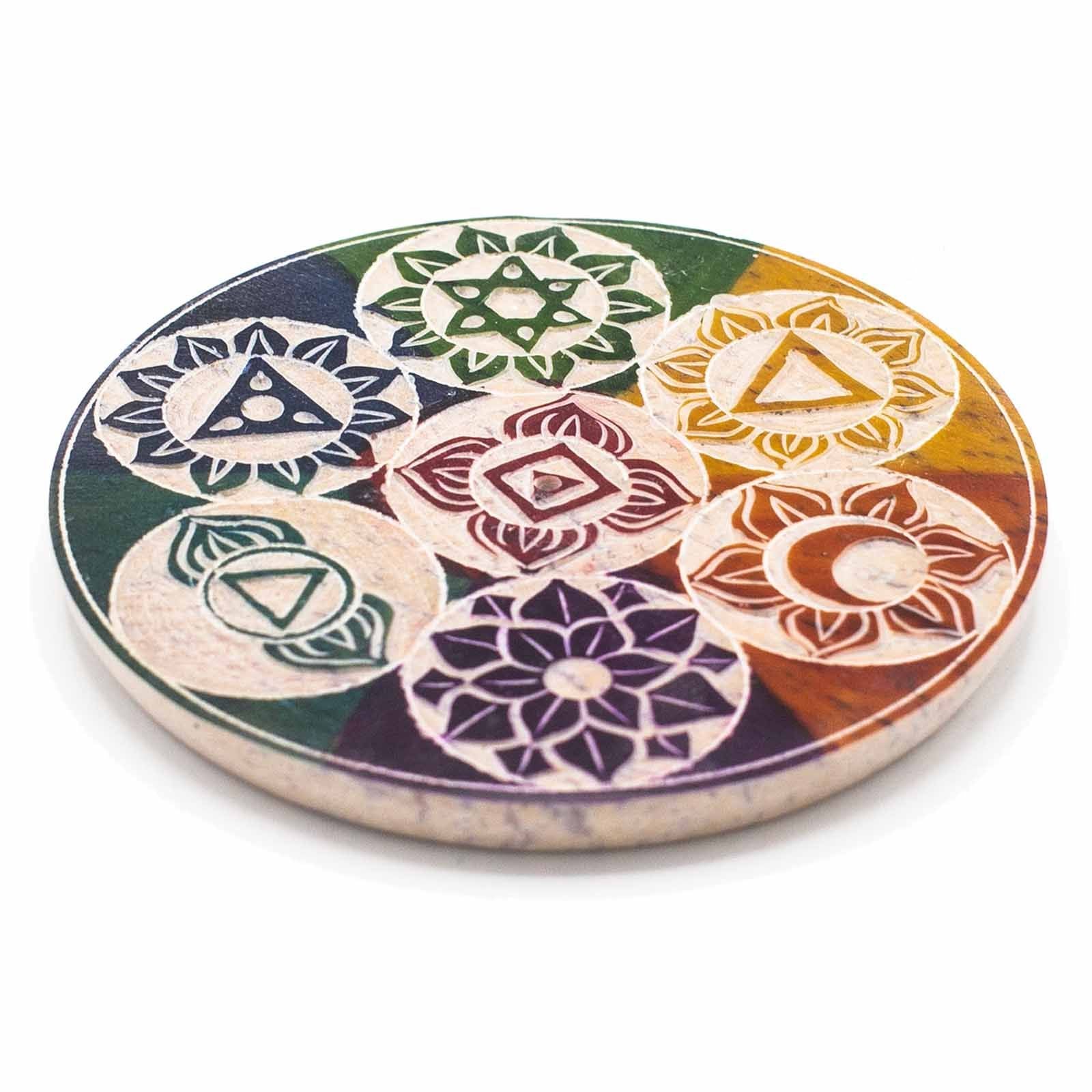 Soapstone Disc Incense Cone Holder 10cm - Seven ChakraSoapstone Incense HoldersHeart Notes