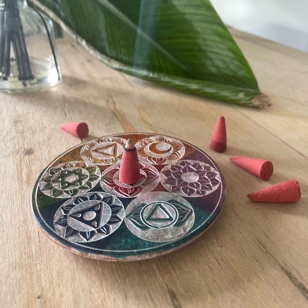 Soapstone Disc Incense Cone Holder 10cm - Seven ChakraSoapstone Incense HoldersHeart Notes