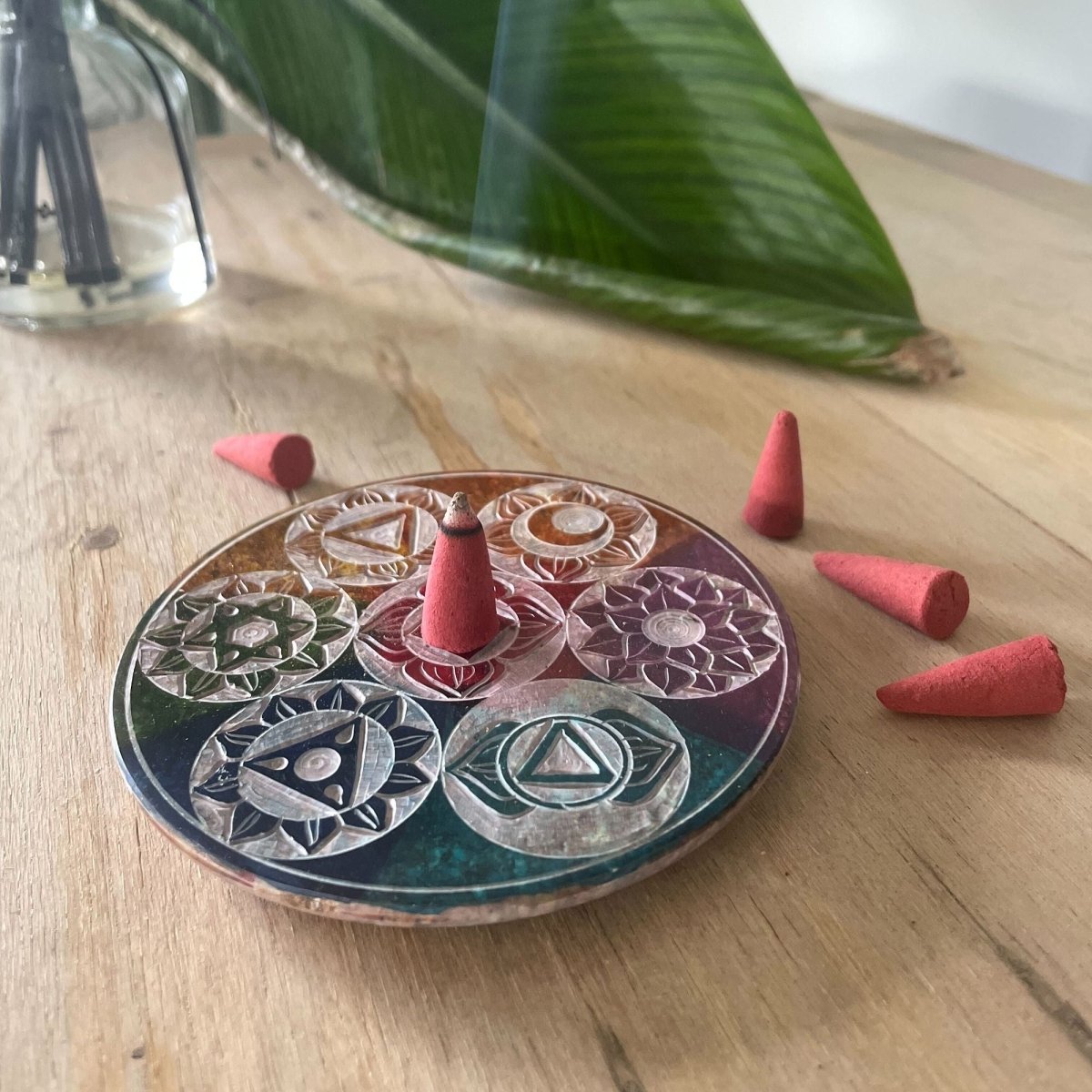 Soapstone Disc Incense Cone Holder 10cm - Seven ChakraSoapstone Incense HoldersHeart Notes