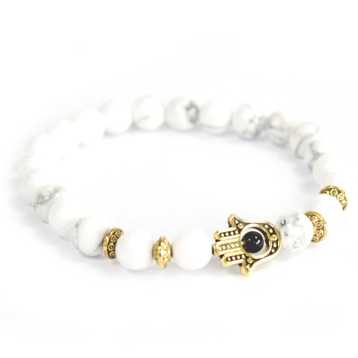 Gold Hamsa / White Stone - Gemstone BraceletBoho Bling Gemstone BraceletsHeart Notes