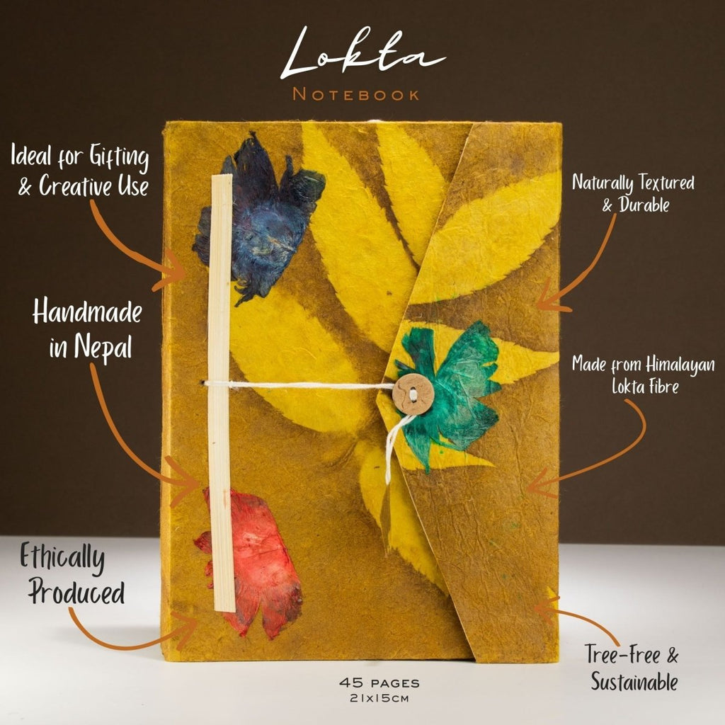 Lokta Bold Floral Notebook – Large (21x15cm) – 45 Leaves – Includes Bookmark – Mustard BrownLokta Paper NotebooksHeart Notes