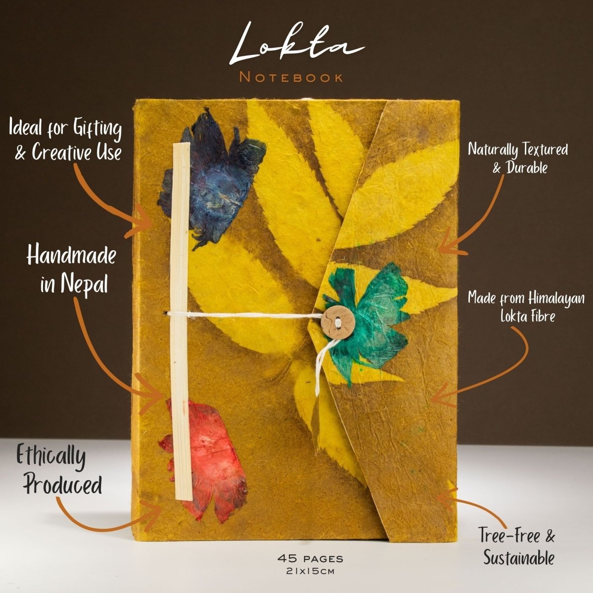 Lokta Bold Floral Notebook – Large (21x15cm) – 45 Leaves – Includes Bookmark – Mustard BrownLokta Paper NotebooksHeart Notes