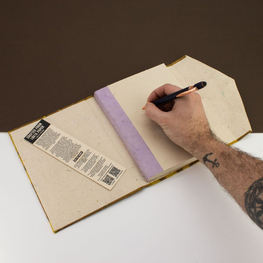 Lokta Bold Floral Notebook – Large (21x15cm) – 45 Leaves – Includes Bookmark – Mustard BrownLokta Paper NotebooksHeart Notes