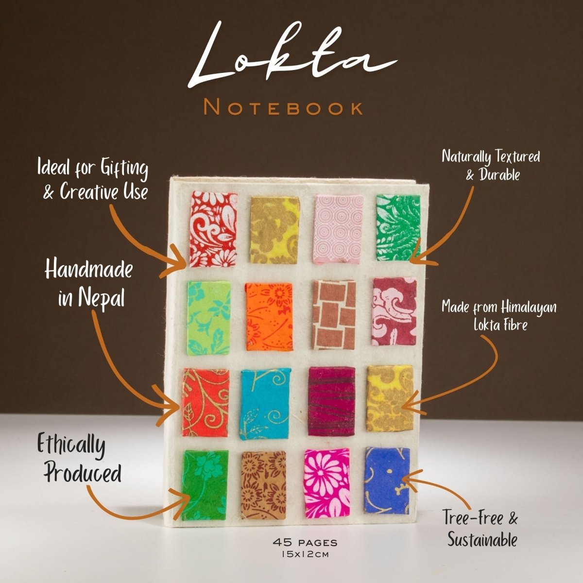 Lokta Mini Tiles Notebook – Medium (15x12cm) – 45 Leaves – NaturalLokta Paper NotebooksHeart Notes