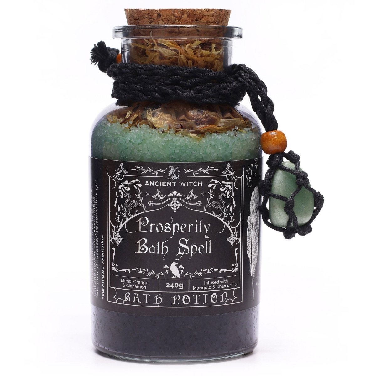 Ancient Witch Bath Spell Potion & Aventurine Crystal Amulet - ProsperityAncient Witch Bath Spell PotionsHeart Notes