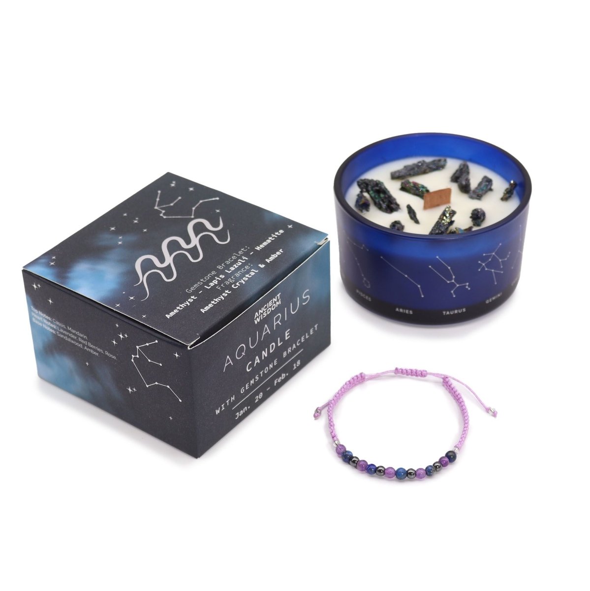Zodiac Crystal Candle with Gemstone Bracelet - AquariousZodiac Crystal Candles with Gemstone BraceletHeart Notes