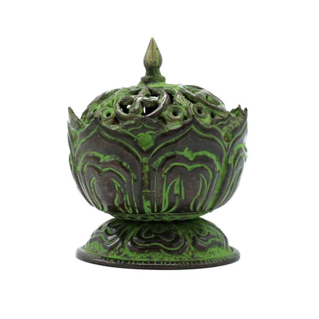 Brass Verdigris Tibetan Incense Burner - Small LotusAntique Tibetan Incense HoldersHeart Notes