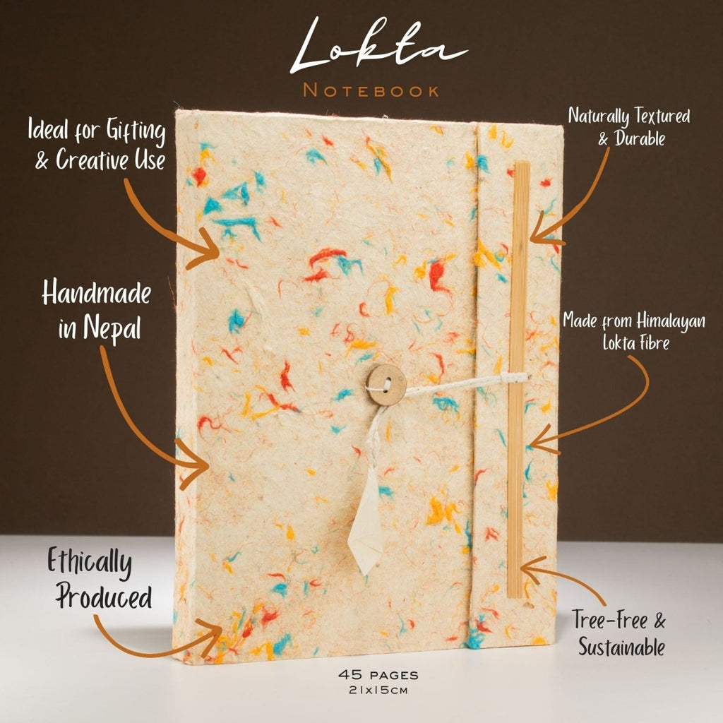 Lokta Mixed Colour Cotton Notebook – Large (21x15cm) – 45 Leaves – Includes BookmarkLokta Paper NotebooksHeart Notes