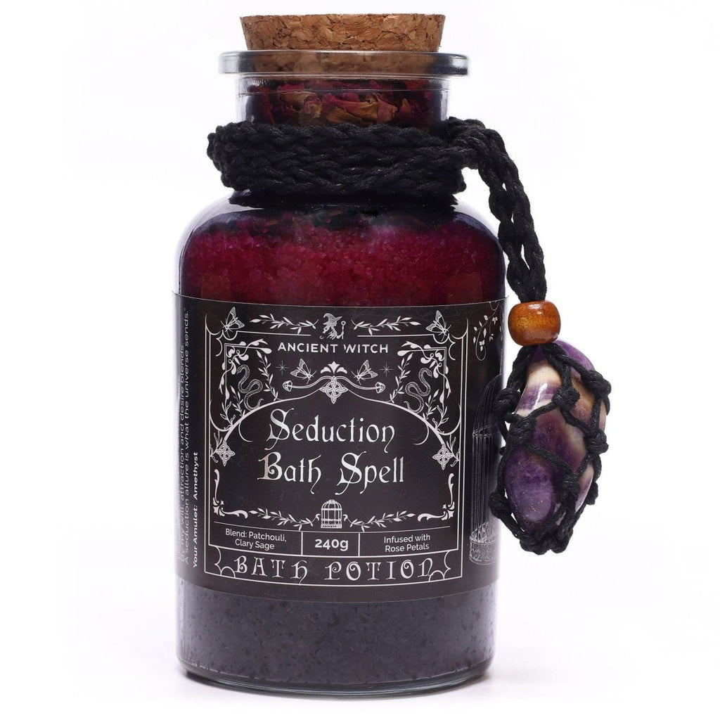 Ancient Witch Bath Spell Potion & Amethyst Crystal Amulet - SeductionAncient Witch Bath Spell PotionsHeart Notes