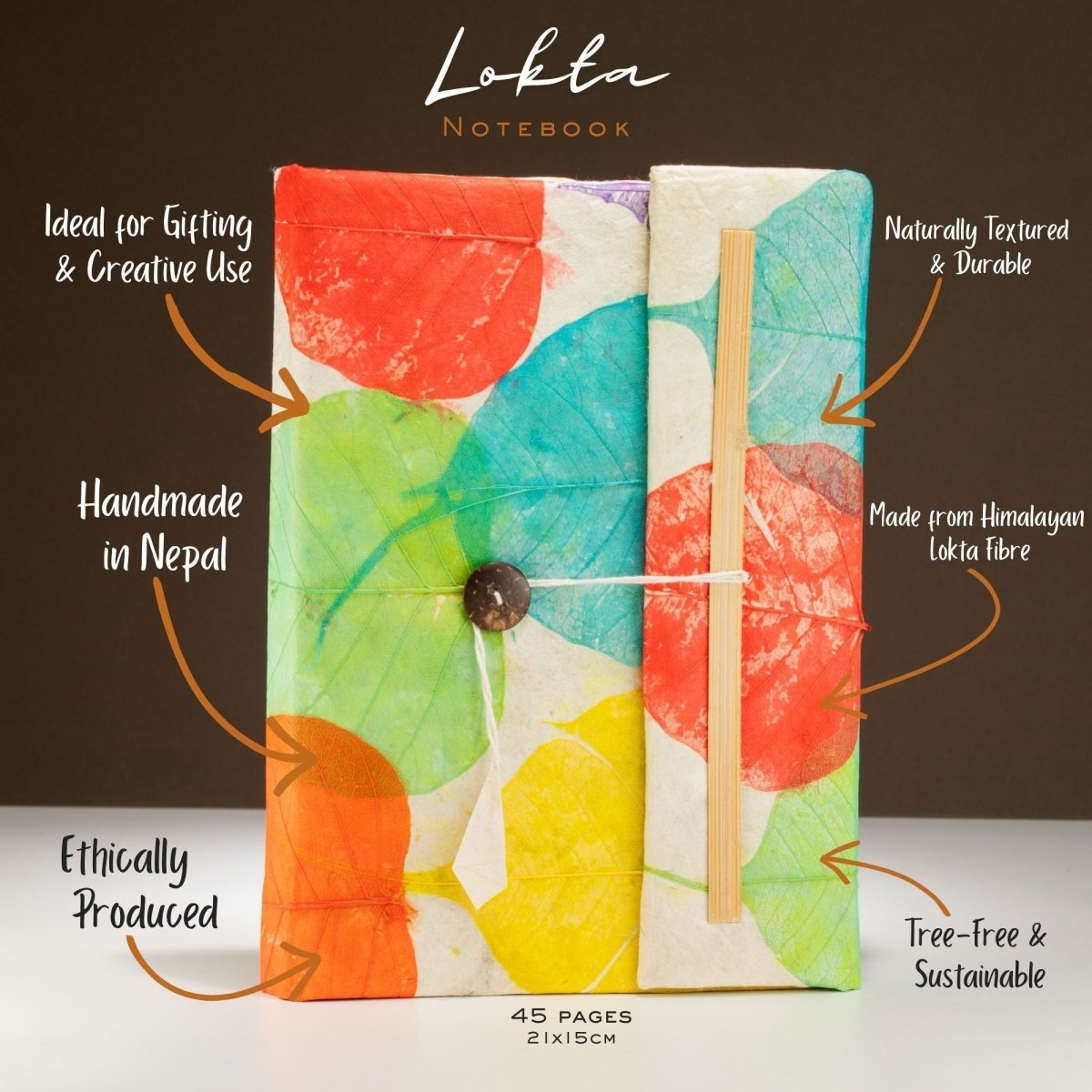 Lokta Colourful Leaves Notebook – Large (21x15cm) – 45 LeavesLokta Paper NotebooksHeart Notes