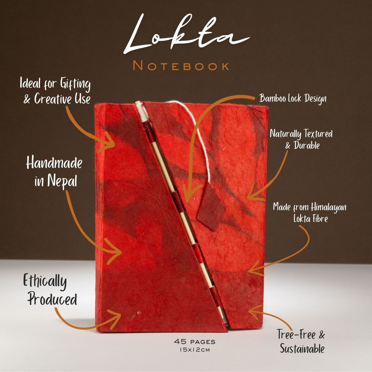 Lokta Bold Floral Bamboo Lock Notebook – Medium (15x12cm) – 45 Leaves – RubyLokta Paper NotebooksHeart Notes