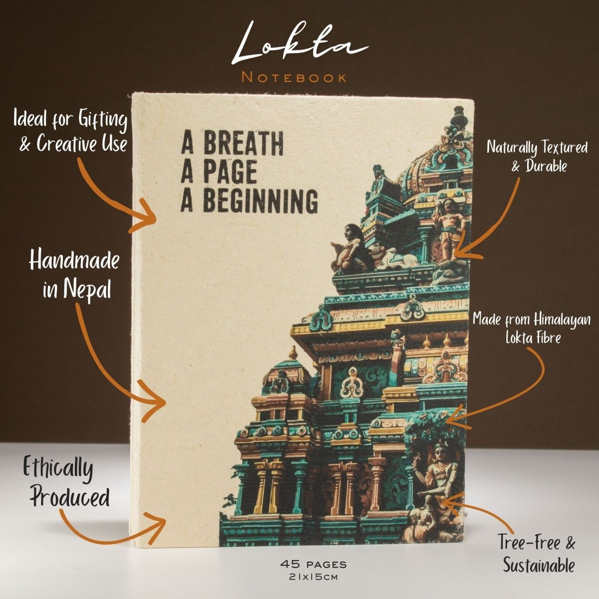 Lokta Inspiration Notebook – A Breath – Large (21x15cm) – 45 Leaves – Includes BookmarkLokta Paper NotebooksHeart Notes