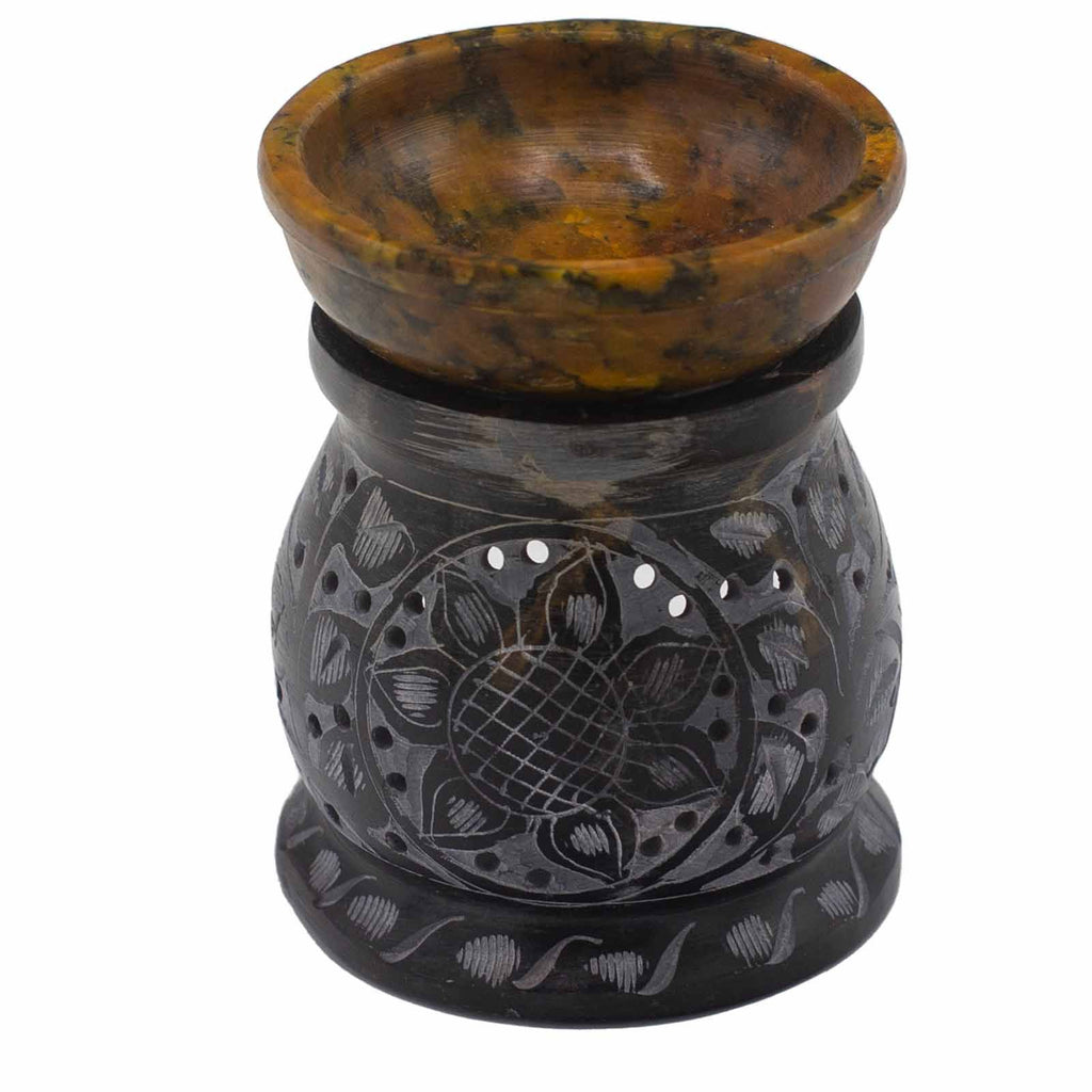 Soapstone Oil Burner 10cm - Mandala Flower - Black & YellowSoapstone Oil BurnersHeart Notes