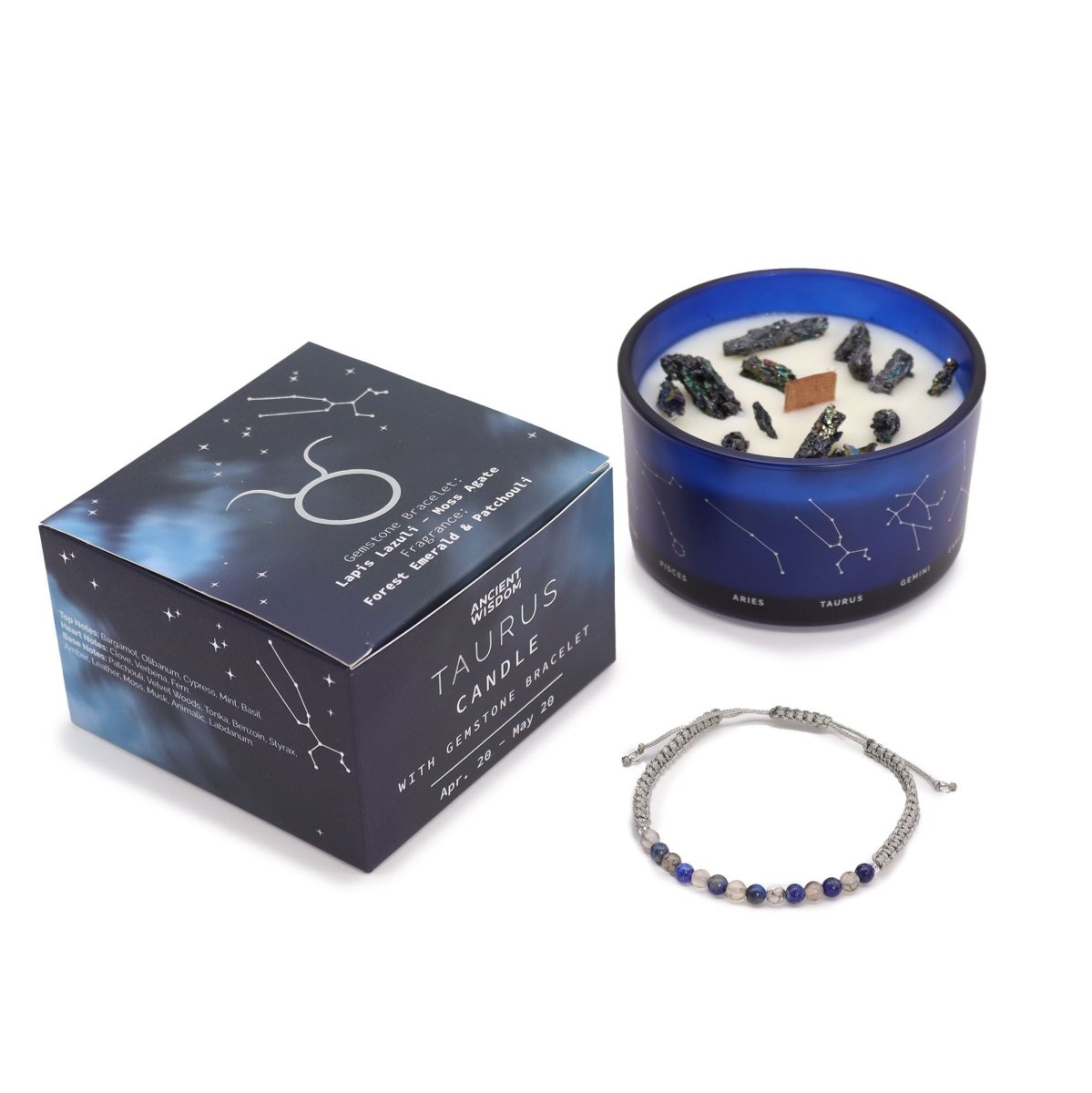 Zodiac Crystal Candle with Gemstone Bracelet - TaurusZodiac Crystal Candles with Gemstone BraceletHeart Notes