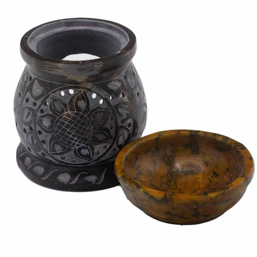 Soapstone Oil Burner 10cm - Mandala Flower - Black & YellowSoapstone Oil BurnersHeart Notes