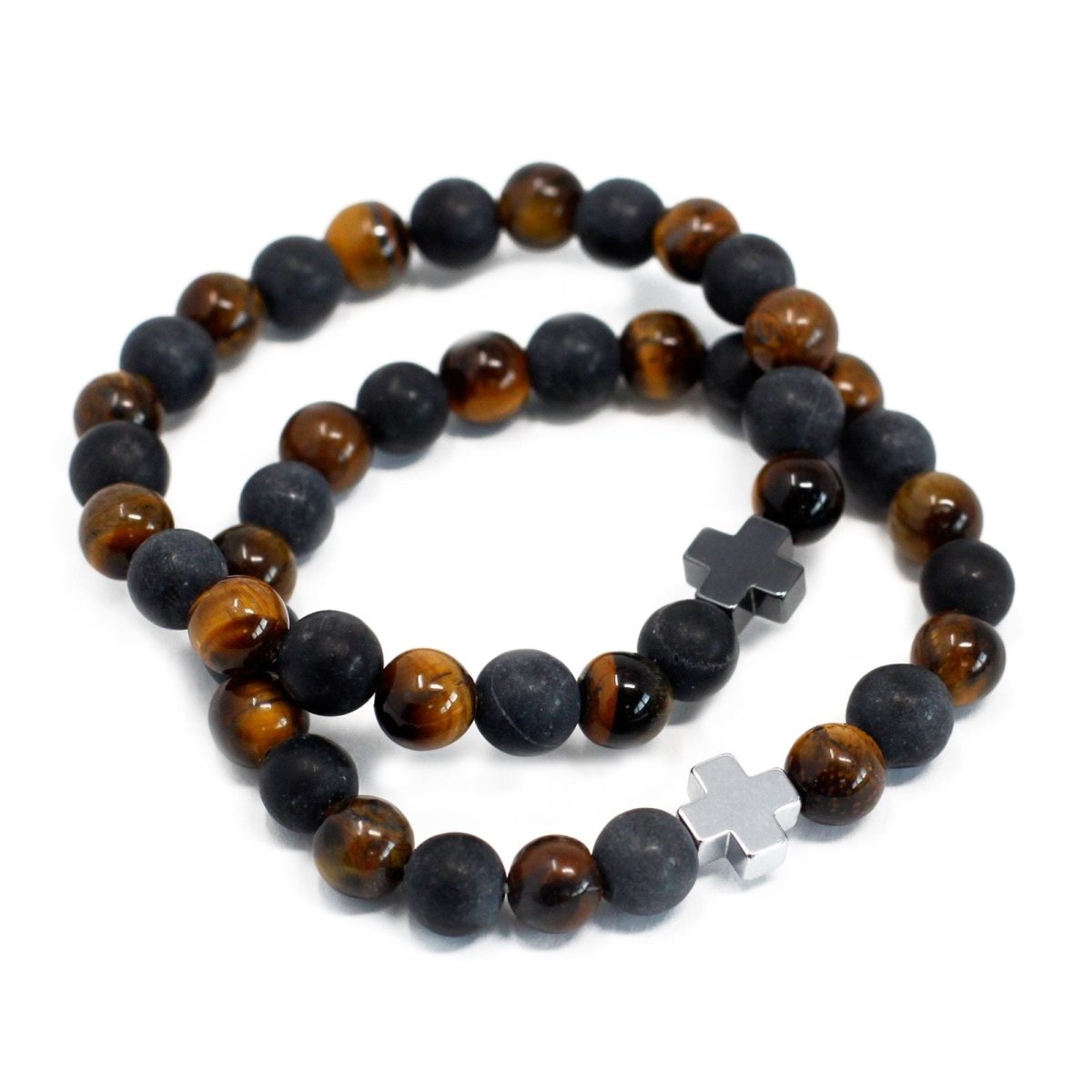 Set of 2 Gemstones Friendship Bracelets - Power - Tiger Eye & Black StoneGemstones Friendship BraceletsHeart Notes