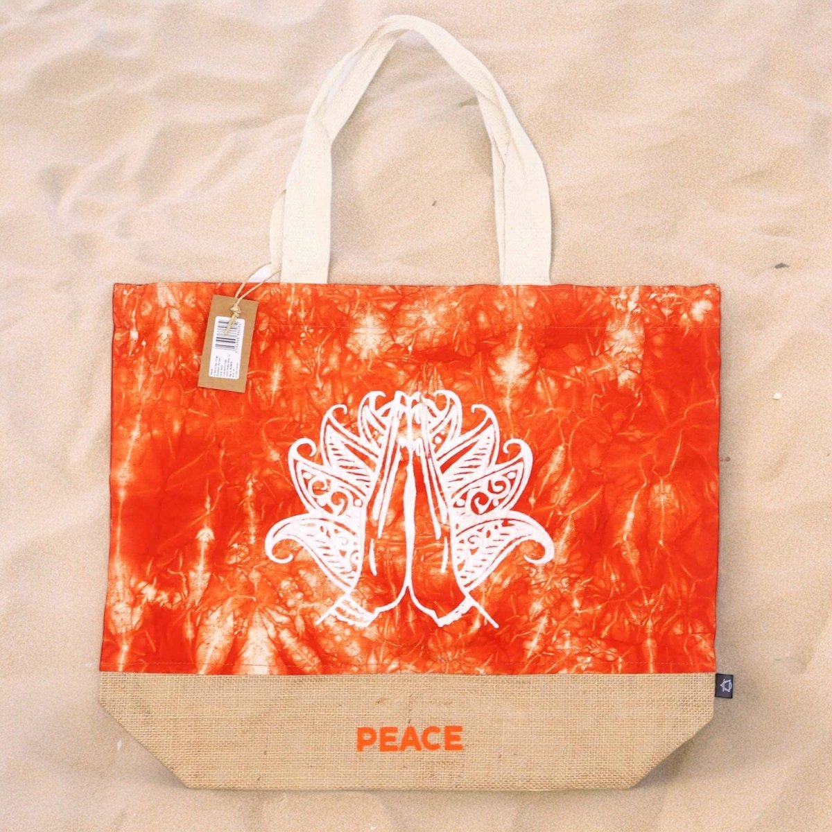 All Natural Bag - Orange Stonewash - Namaste Hand - PeaceAll Natural BagHeart Notes