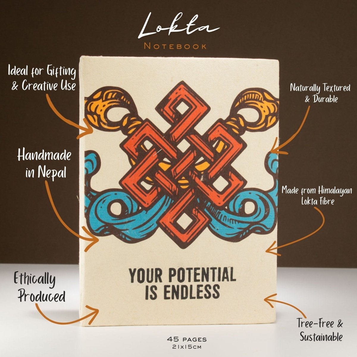 Lokta Inspiration Notebook – Your Potential – Large (21x15cm) – 45 Leaves – Includes BookmarkLokta Paper NotebooksHeart Notes