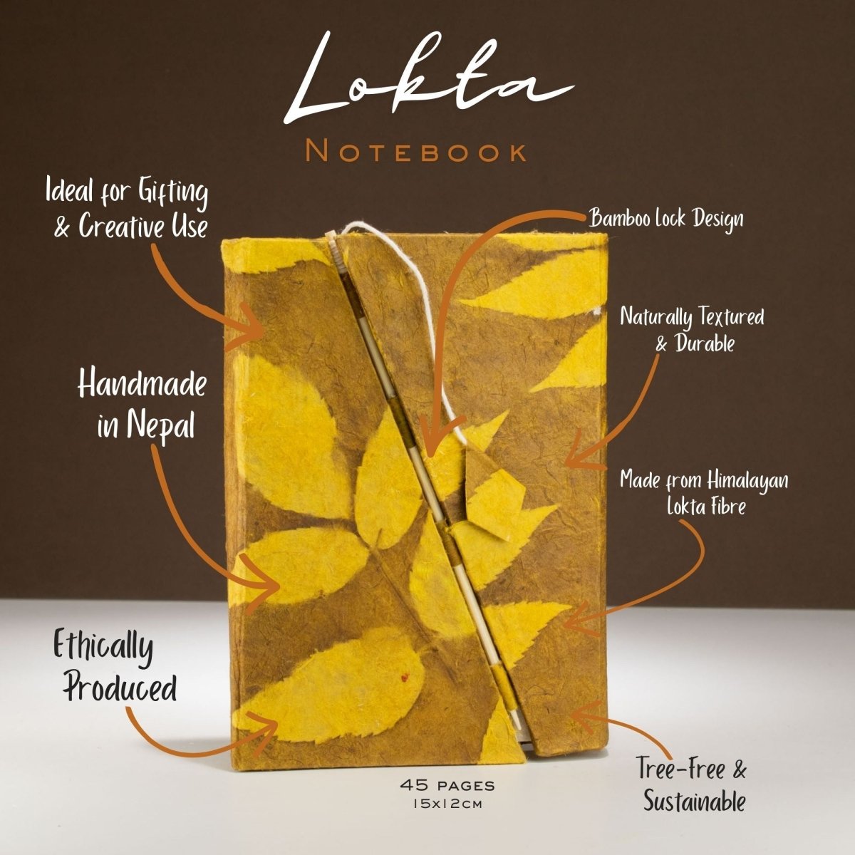 Lokta Bold Floral Bamboo Lock Notebook – Medium (15x12cm) – 45 Leaves – Mustard BrownLokta Paper NotebooksHeart Notes