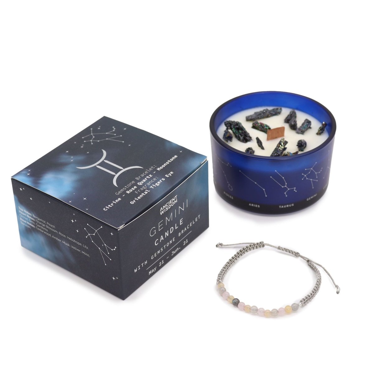 Zodiac Crystal Candle with Gemstone Bracelet - GeminiZodiac Crystal Candles with Gemstone BraceletHeart Notes
