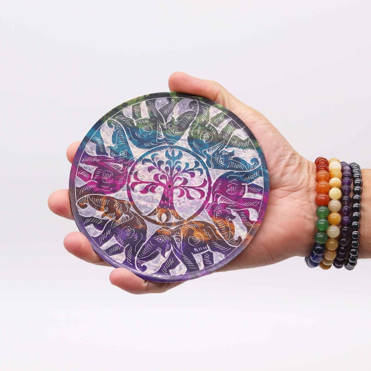 Soapstone Disc Incense Holder - 6 Lucky ElephantsSoapstone Incense HoldersHeart Notes