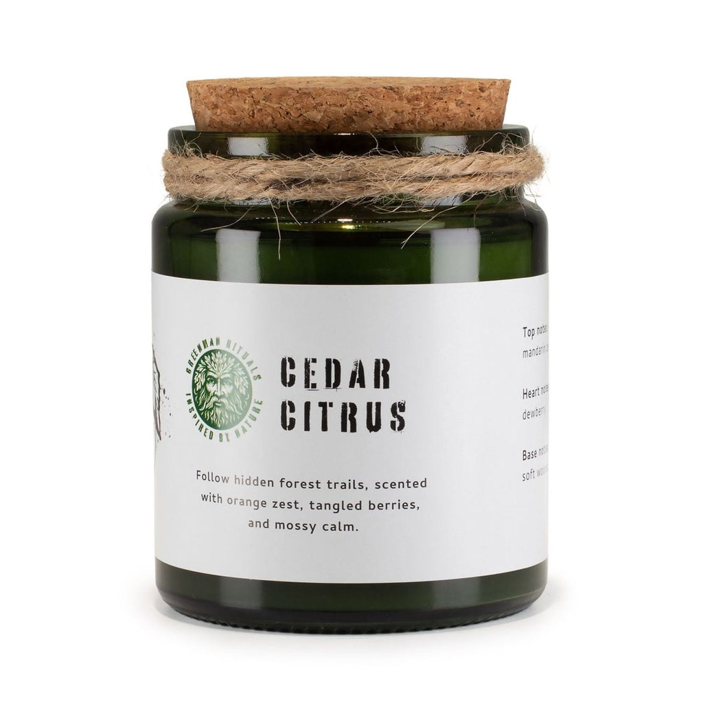 Greenman Woodwick Soy Candle - Cedar CitrusGreenman Rituals Woodwick Soy CandlesHeart Notes