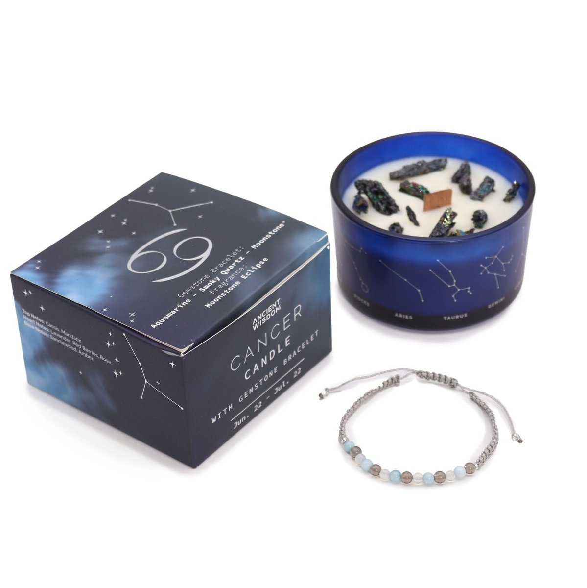Zodiac Crystal Candle with Gemstone Bracelet - CancerZodiac Crystal Candles with Gemstone BraceletHeart Notes