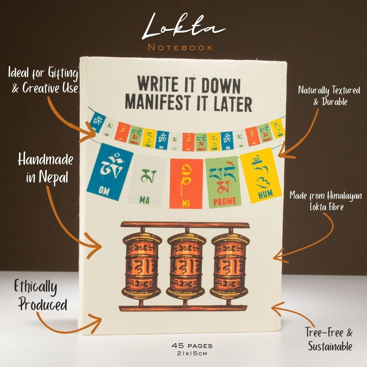 Lokta Inspiration Notebook – Write It Down – Large (21x15cm) – 45 Leaves – Includes BookmarkLokta Paper NotebooksHeart Notes