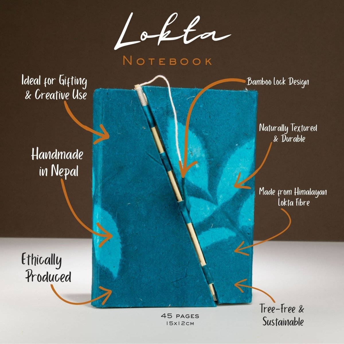 Lokta Bold Floral Bamboo Lock Notebook – Medium (15x12cm) – 45 Leaves – Midnight BlueLokta Paper NotebooksHeart Notes