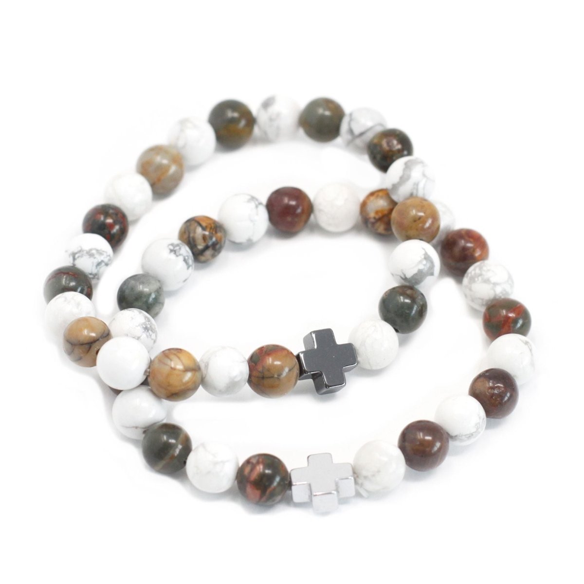 Set of 2 Gemstones Friendship Bracelets - Peace - Picasso Jasper & White HowliteGemstones Friendship BraceletsHeart Notes