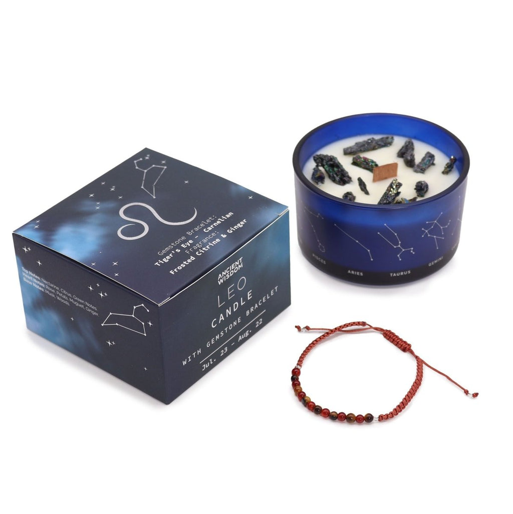 Zodiac Crystal Candle with Gemstone Bracelet - LeoZodiac Crystal Candles with Gemstone BraceletHeart Notes