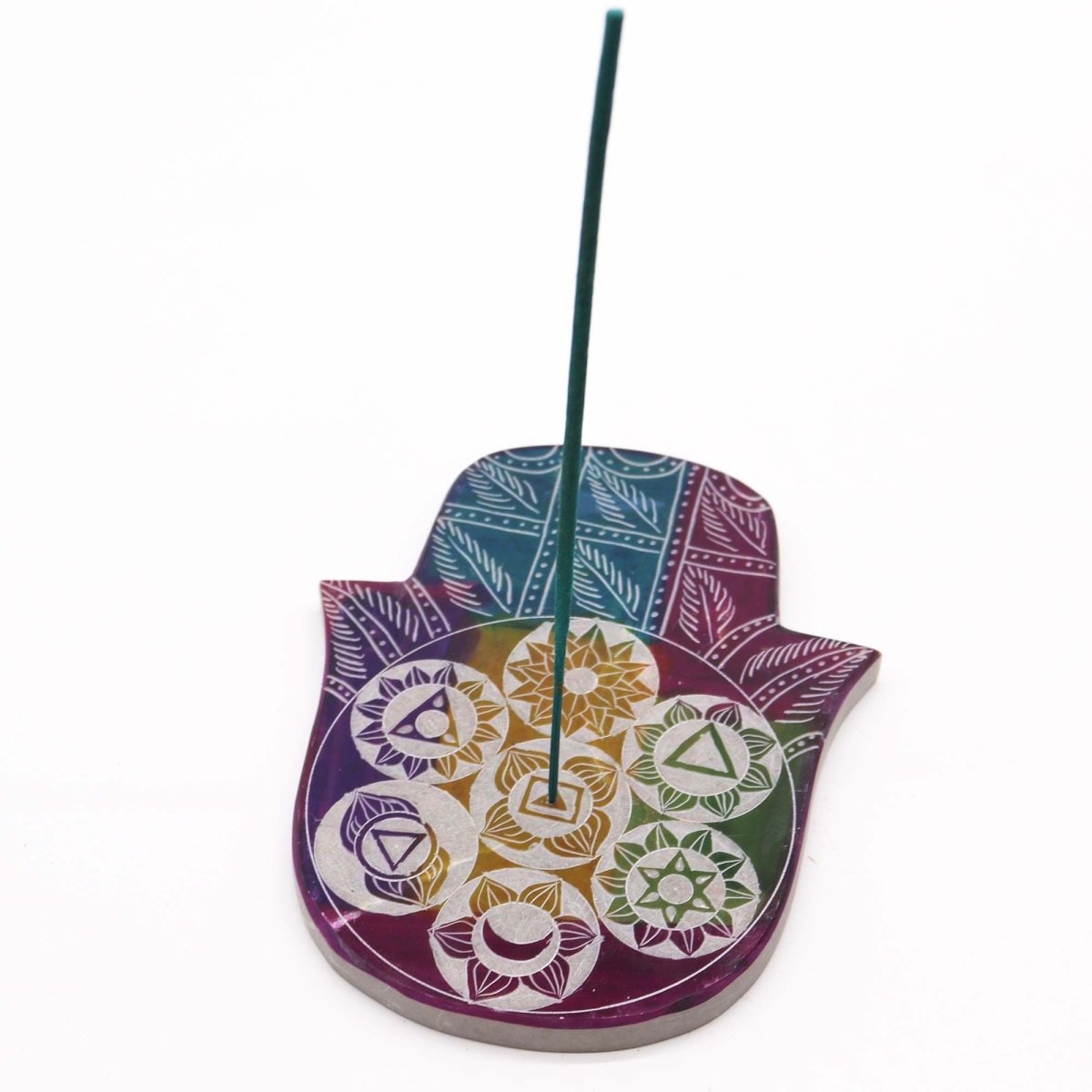 Soapstone Lrg Hamsa Incense Holder - 7 ChakraSoapstone Incense HoldersHeart Notes