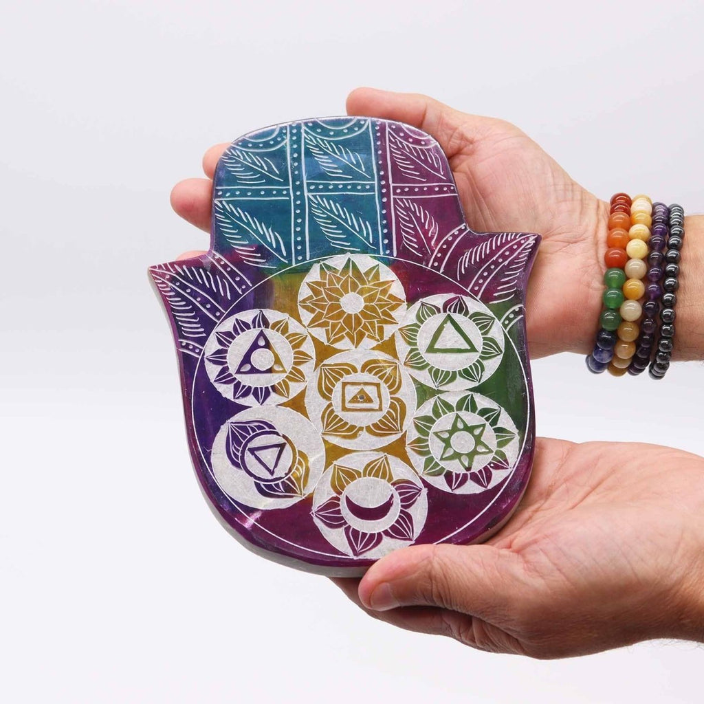 Soapstone Lrg Hamsa Incense Holder - 7 ChakraSoapstone Incense HoldersHeart Notes
