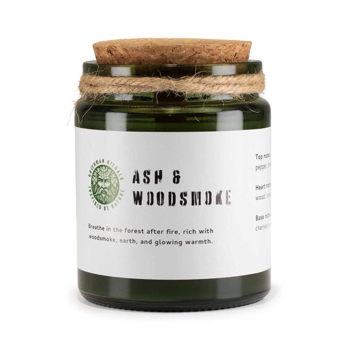 Greenman Woodwick Soy Candle - Ash & WoodsmokeGreenman Rituals Woodwick Soy CandlesHeart Notes