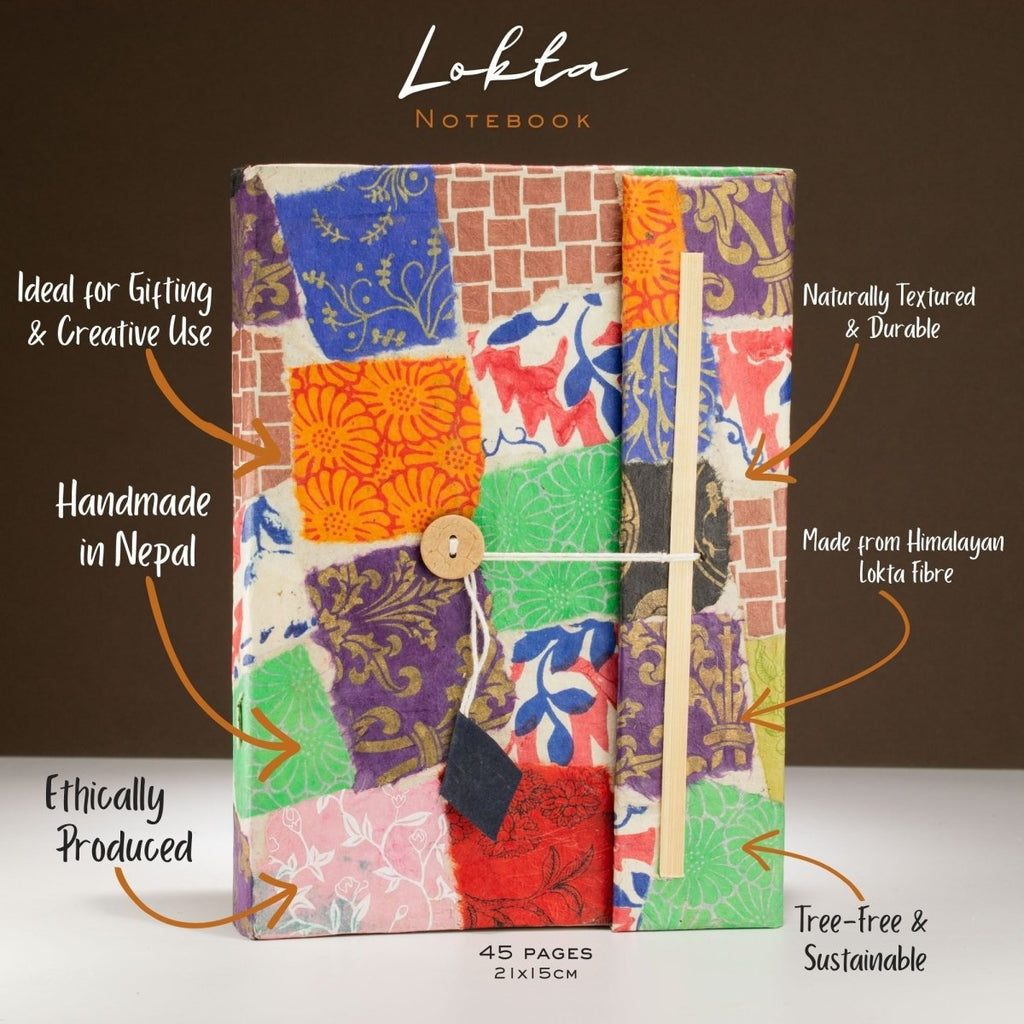 Lokta Patchwork Notebook – Large (21x15cm) – 45 Leaves – Includes Bookmark – Multi ColourLokta Paper NotebooksHeart Notes