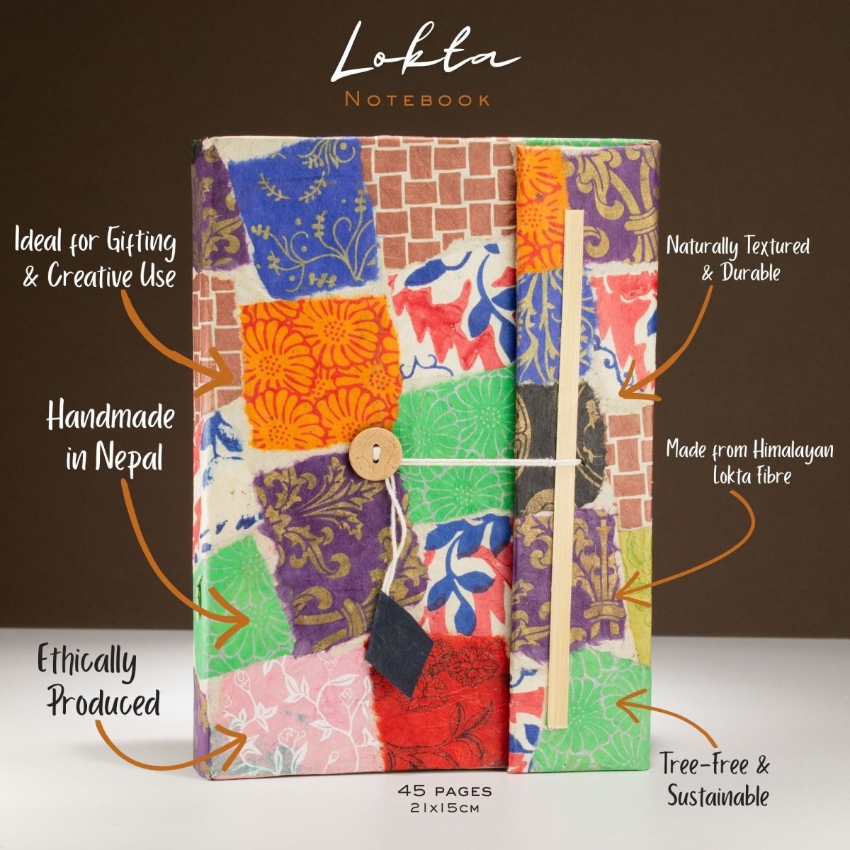Lokta Patchwork Notebook – Large (21x15cm) – 45 Leaves – Includes Bookmark – Multi ColourLokta Paper NotebooksHeart Notes