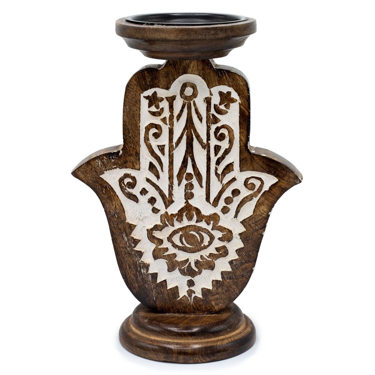 Mango Wood Candle Stand - Hamsa - LargeMango Wood Candle StandsHeart Notes