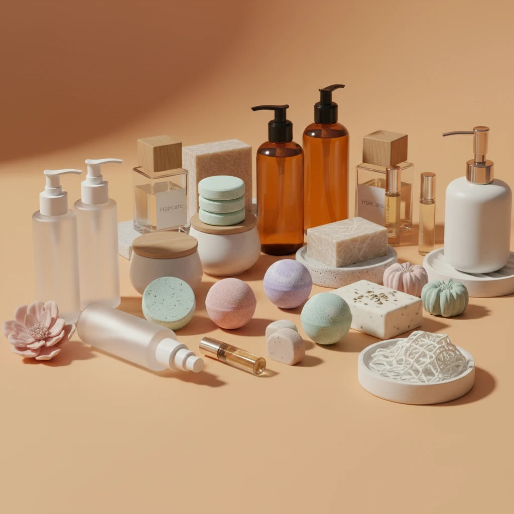 Collection of skincare and bath products on a beige background