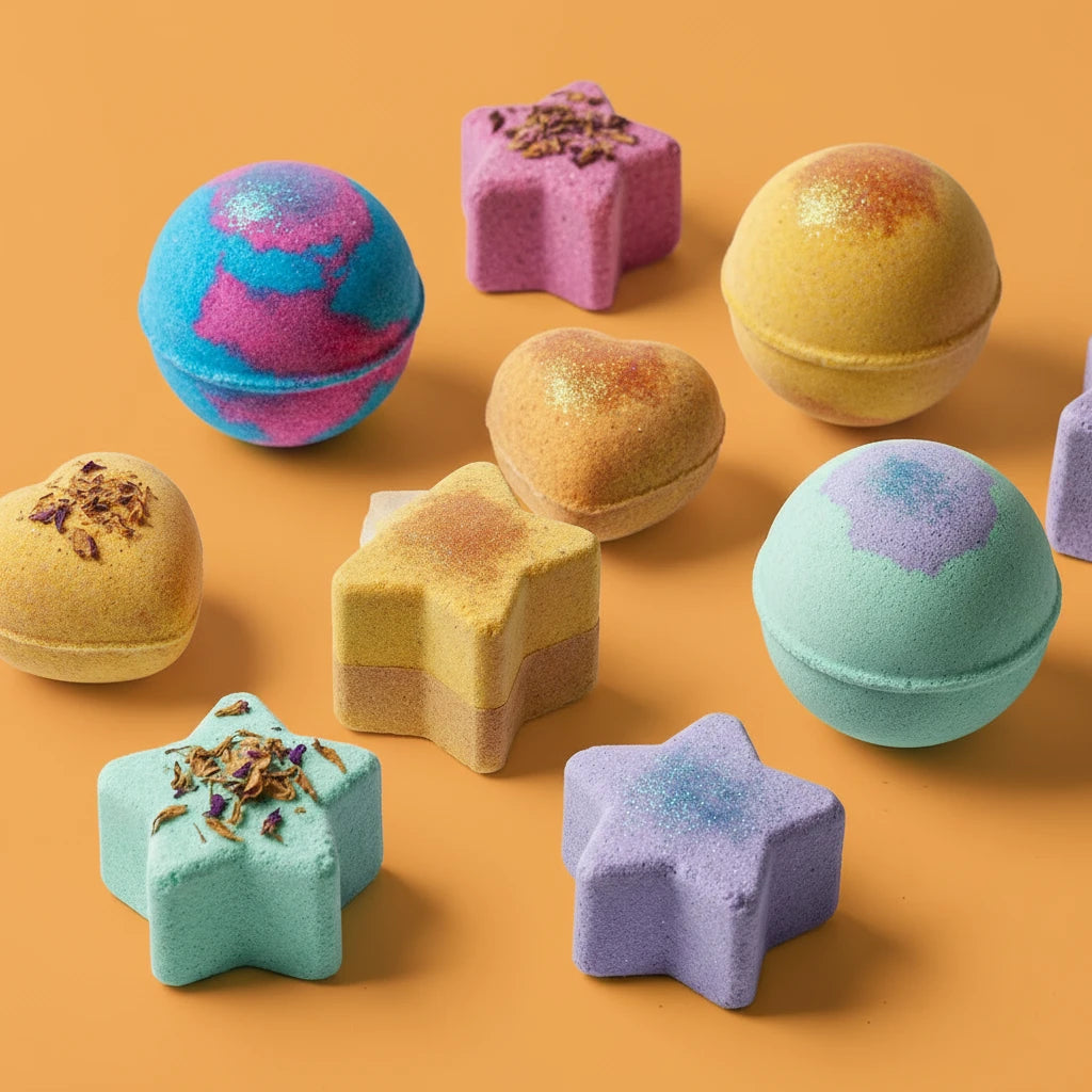 Colorful bath bombs of various shapes and sizes on an orange background