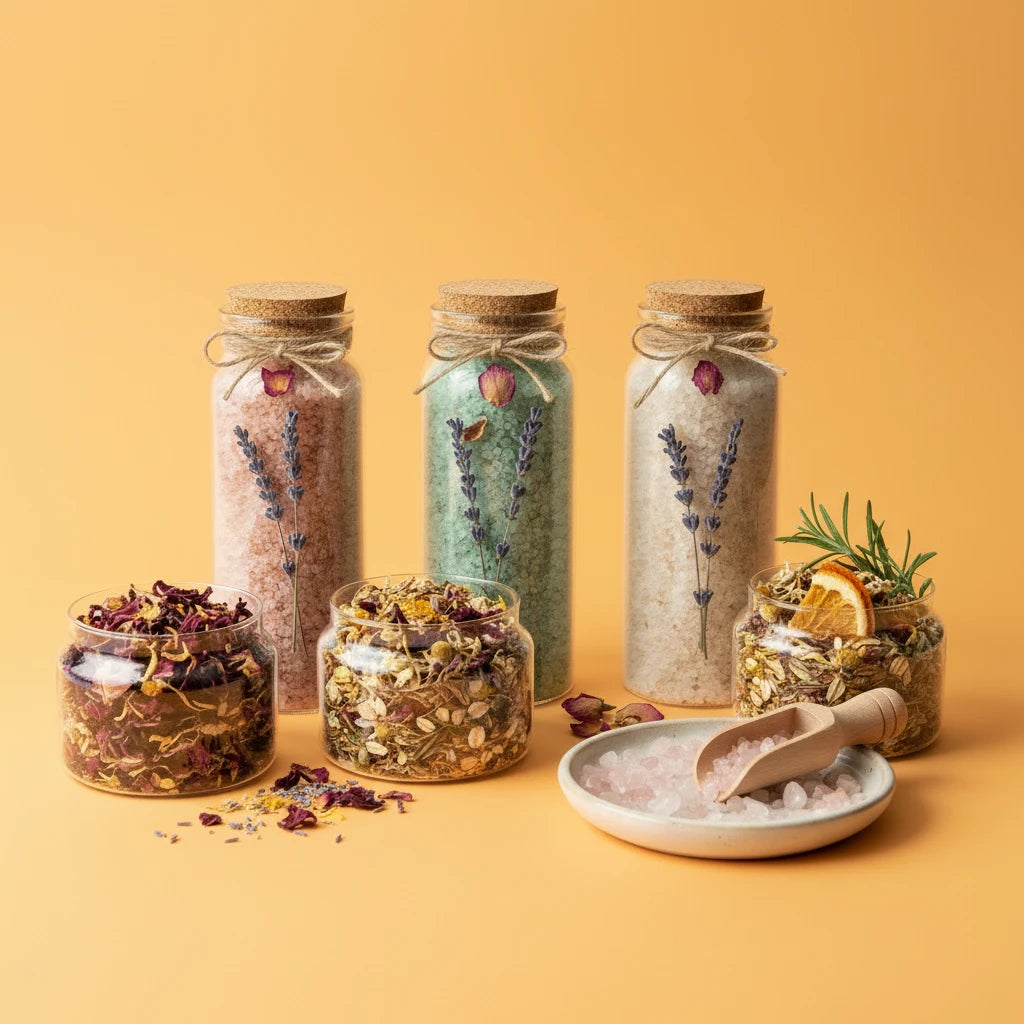 Set of jars with dried herbs and a scoop on a yellow background