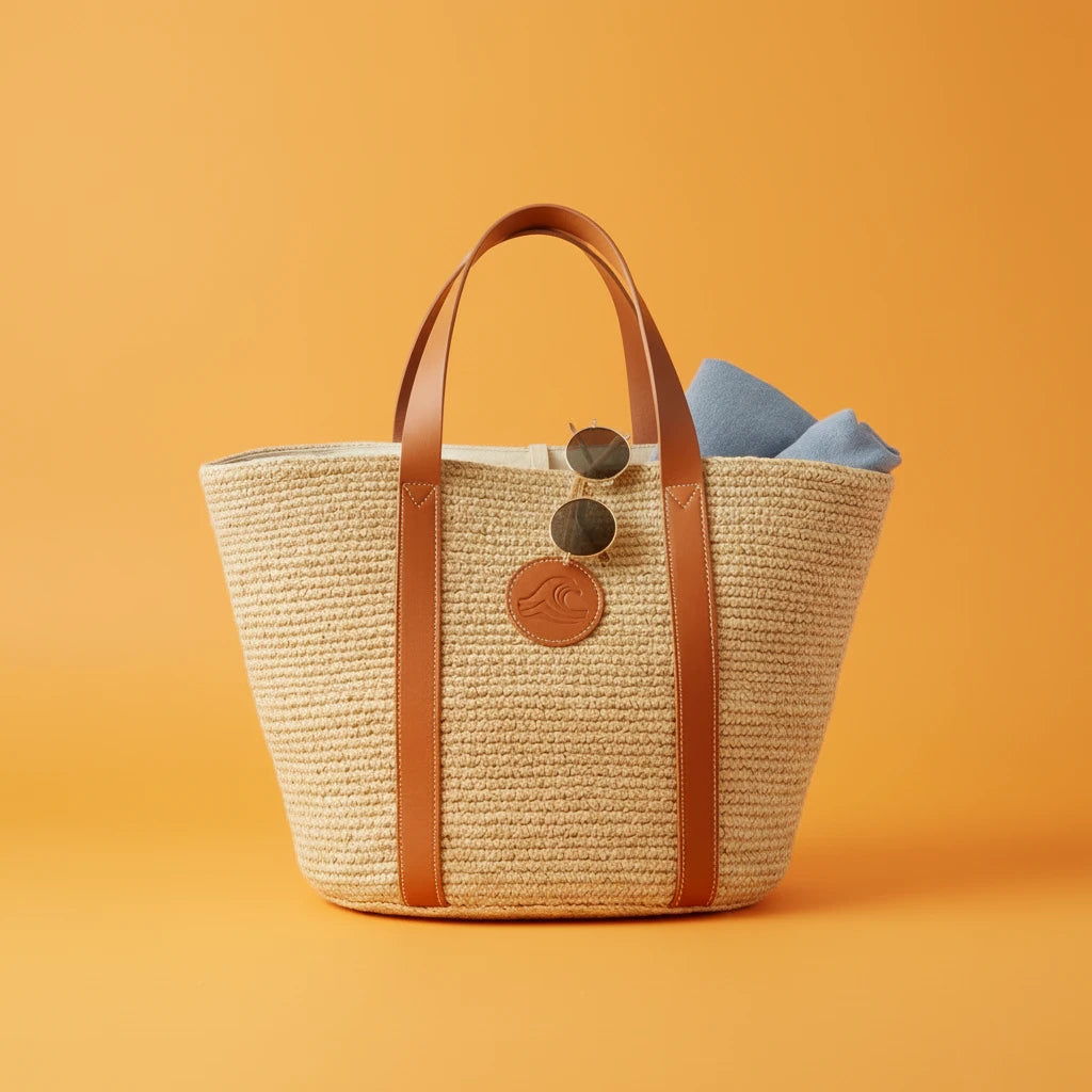 Woven bag with brown handles and decorative buttons on an orange background