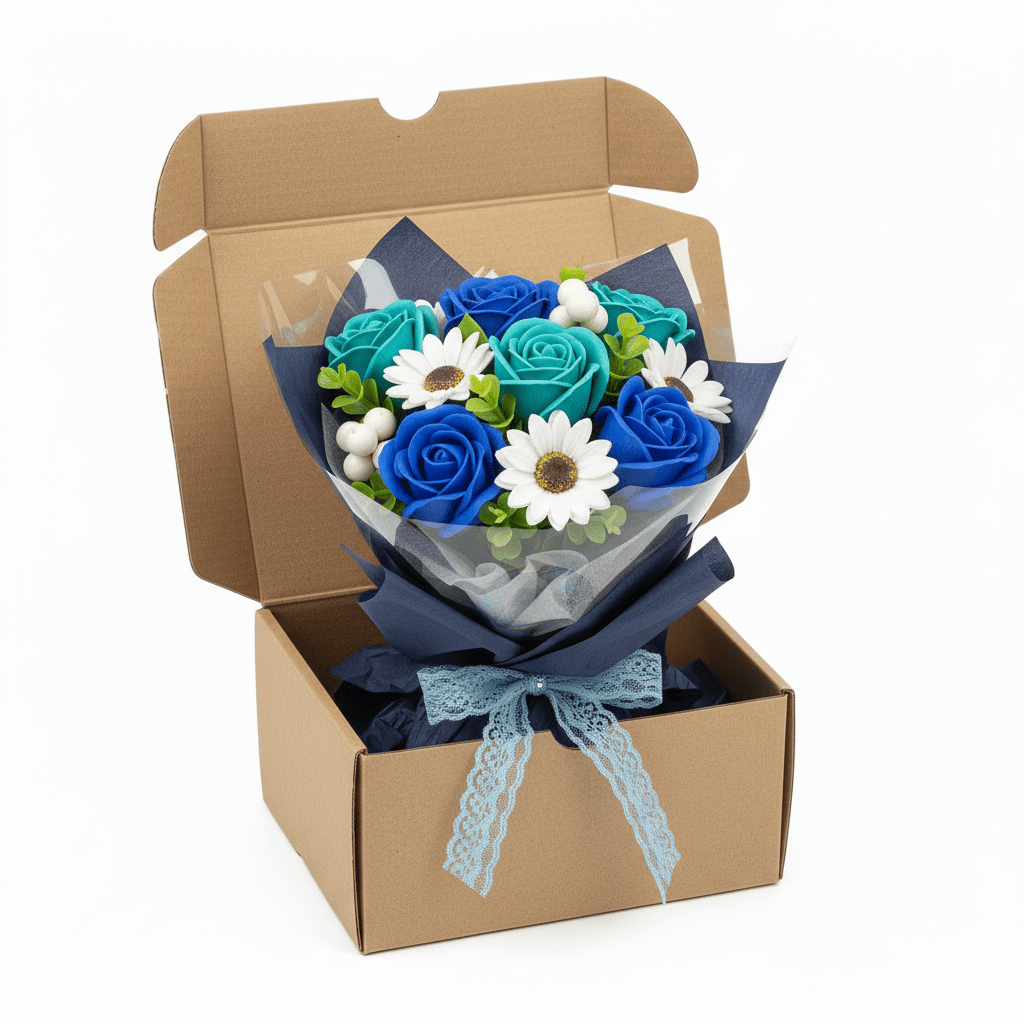 Boxed Hand Soap Flower Bouquet - BlueSoap Flower BouquetsHeart Notes