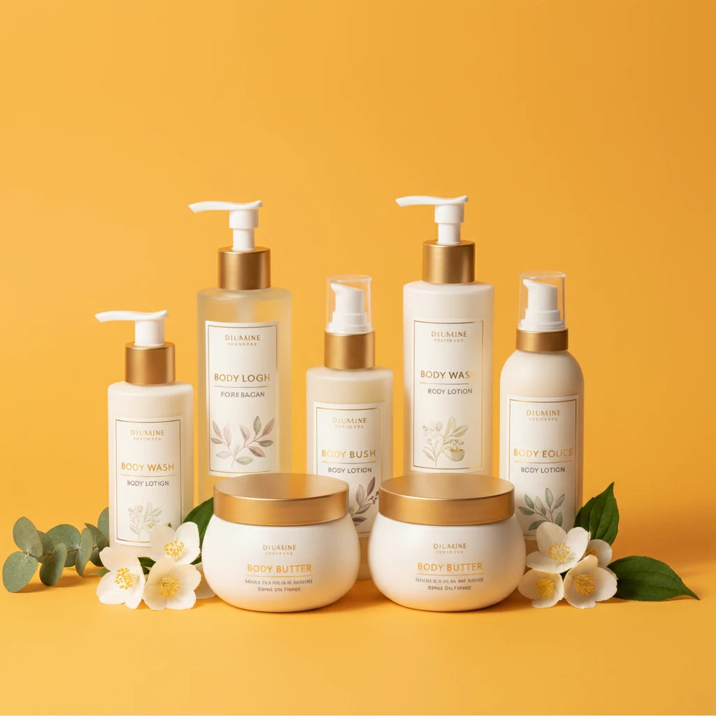 Set of body care products including bottles and jars on a yellow background with flowers and leaves.