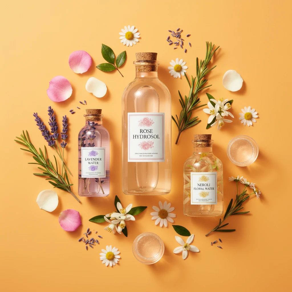 Three glass bottles with floral labels on a yellow background with flowers and leaves.