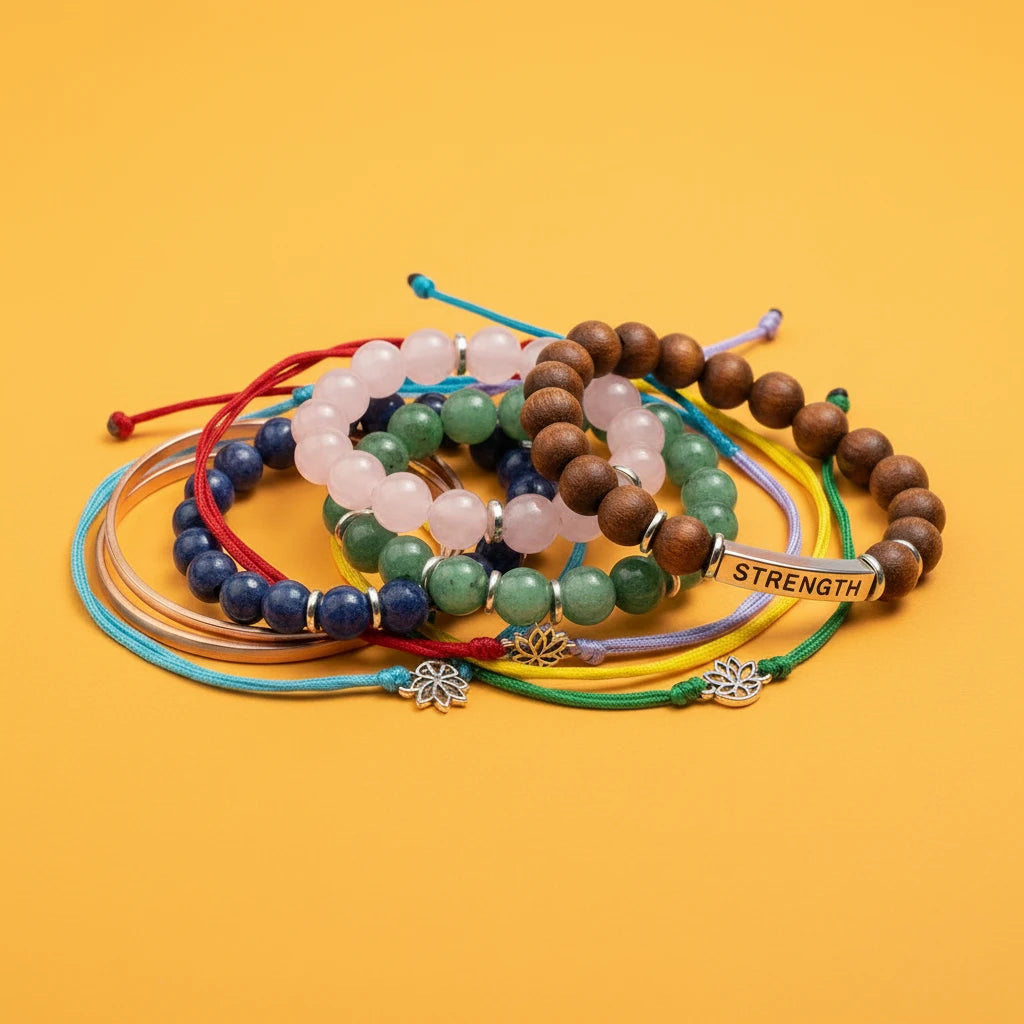 Stack of colorful beaded bracelets on a yellow background