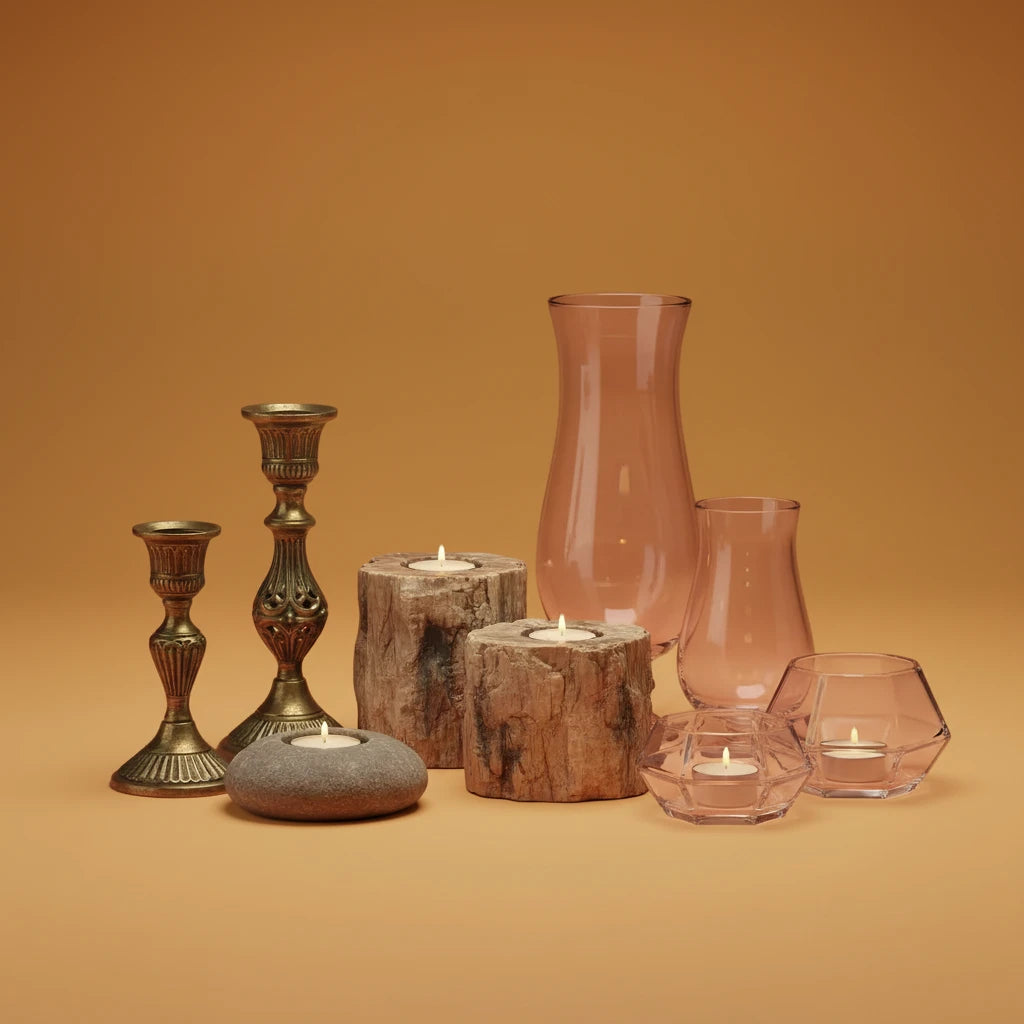 Decorative candles and vases on a warm brown background