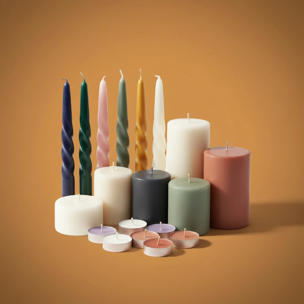 Assorted candles in various colors on a warm brown background